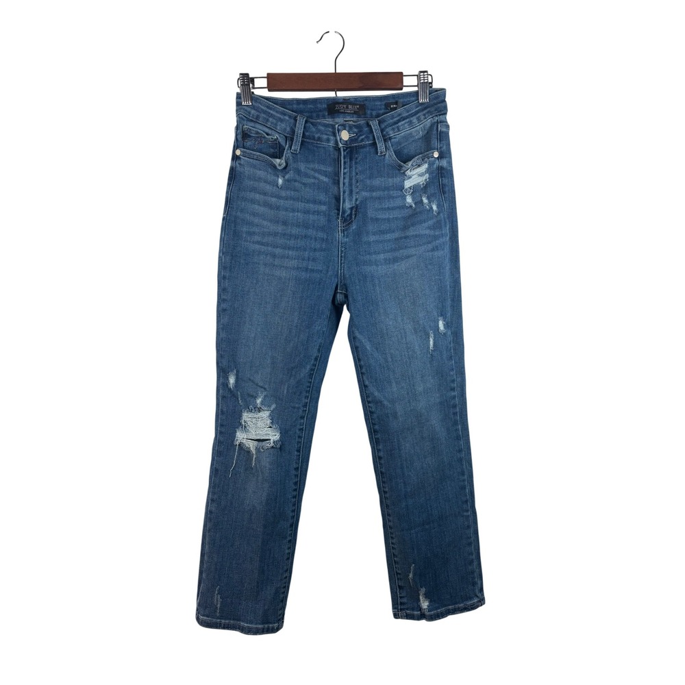 Judy Blue Straight Fit Jeans Womens 9/29 Blue Distressed‎ Rainbow Embroidery